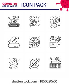 CORONAVIRUS 9 Line Icon set on the theme of Corona epidemic contains icons such as  medicine; capsule; rx; medicine; medical viral coronavirus 2019-nov disease Vector Design Elements