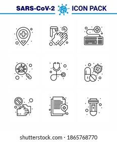 CORONAVIRUS 9 Line Icon set on the theme of Corona epidemic contains icons such as  healthcare; magnifying; keyboard; interfac; devirus viral coronavirus 2019-nov disease Vector Design Elements