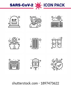 CORONAVIRUS 9 Line Icon set on the theme of Corona epidemic contains icons such as  washing; hygiene; virus infection; hands; medical viral coronavirus 2019-nov disease Vector Design Elements