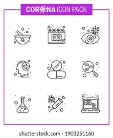 CORONAVIRUS 9 Line Icon set on the theme of Corona epidemic contains icons such as  drug; human; eye; medical; brain viral coronavirus 2019-nov disease Vector Design Elements