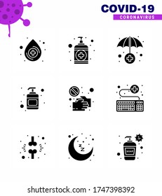 CORONAVIRUS 9 Solid Glyph Black Icon set on the theme of Corona epidemic contains icons such as  shake hand; no; insurance service; hand; sanitizer viral coronavirus 2019-nov disease Vector Design