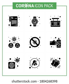 CORONAVIRUS 9 Solid Glyph Black Icon set on the theme of Corona epidemic contains icons such as  bacteria; transmission; board; people; bacteria viral coronavirus 2019-nov disease Vector Design