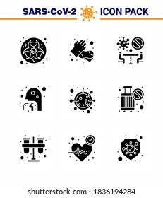 CORONAVIRUS 9 Solid Glyph Black Icon set on the theme of Corona epidemic contains icons such as  throat; man; washing; healthcare; team viral coronavirus 2019-nov disease Vector Design Elements