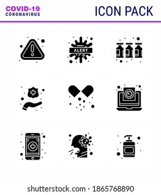 CORONAVIRUS 9 Solid Glyph Black Icon set on the theme of Corona epidemic contains icons such as  medical pills; washing; virus; hands; vaccine viral coronavirus 2019-nov disease Vector Design Elements