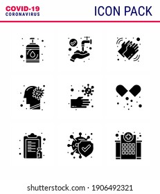 CORONAVIRUS 9 Solid Glyph Black Icon set on the theme of Corona epidemic contains icons such as  brain; ilness; hands; flu; care viral coronavirus 2019-nov disease Vector Design Elements