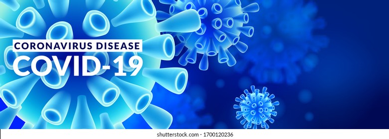 Coronavirus abstract background with copyspace. COVID-19 infection epidemic concept. Vector 3d abstract viruses illustration. Horizontal glowing blue banner, poster, header or cover design template