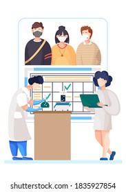 Coronavirus affects people. People using face masks. The number of sick. Statistics of patients. Schedule with check marks. Doctor creates a vaccine for the virus. Girl with laptop writes data