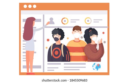 Coronavirus affects people. People are using face masks. The girl analyzes statistics on the number of sick. Schedule with check marks. Woman is looking at a poster depicting people in masks