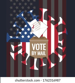 Coronavirus affects presidential election 2020 in USA. Call to vote-by-mail, bulletin, envelope, ballot box, United States of America flag. Covid-19 pathogen silhouette, pandemic impact vector concept