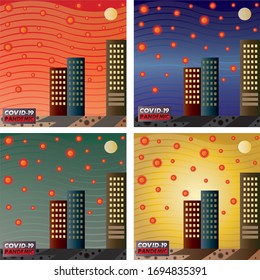 Coronavirus in the air and the building vector multi color sky background and the lettering COVID-19 pandemic.