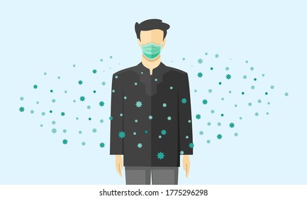 Coronavirus Airborne Illustration Vector. Young Man with Face Mask Stand Around Corona Virus Droplet Flying in the Air Front View. Can be Used for Infographic, Digital and Print. 