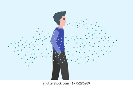 Coronavirus Airborne Illustration. Young Man Without Face Mask Walk Around And Unintentionally Spread Corona Virus Droplet Flying In The Air Side View. Can Be Used For Infographic, Digital And Print.