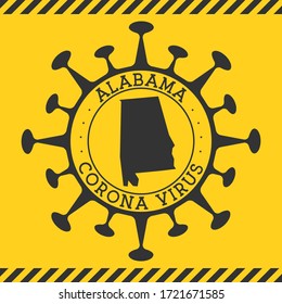 Coronavirus in Alabama sign. Round badge with shape of virus and Alabama map. Yellow state epidemic lockdown stamp. Vector illustration.