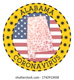 Coronavirus in Alabama sign. Round badge with shape of Alabama. Yellow US state lockdown emblem with title and virus signs. Vector illustration.