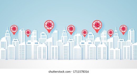 Coronavirus all around the city, warning signals show the coronavirus spot, the spread of novel virus, Covid-2019, dangerous virus, paper art style