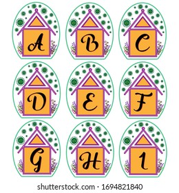 Coronavirus alphabet set. abcdefghi letters. Stay Home. Stay at home. Quarantine. Lettering type characters showing virus protection.