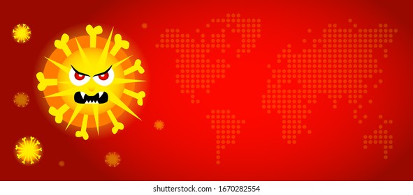 Coronavirus angry monster. CoV elements banner. Pandemic global map. Pneumonia disease. CoVID-19 Virus outbreak spread. Vector corona virus illustration. Flying microbes on red background. Flu season 