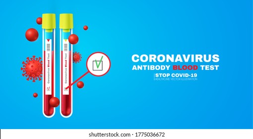 Coronavirus Antibody Blood Test. Positive Result. Realistic 3D Test Tube With Blood. 2019-nCoV Medical Background. Virus Covid 19-NCP. Coronavirus NCoV.