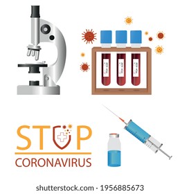 Coronavirus antibody test, microscope, blood test tubes, syringe, and vaccine, in vector