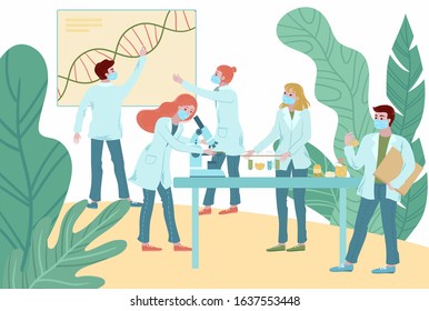 Coronavirus antivirus medical research vector illustration, people doctors team working science laboratory. Men, women medics group try to fined coronavirus antivirus vaccine.