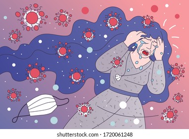 Coronavirus Anxiety Concept, COVID Pandemic Panic. Exhausted Woman Runs Away From COVID-19 Germs To Avoid Infection