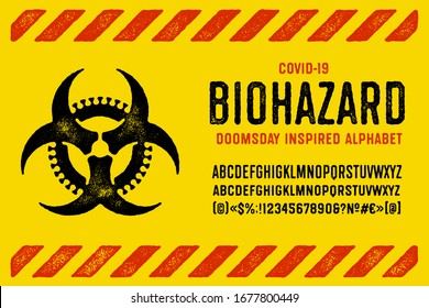 Coronavirus Apocalypse Inspired Alphabet. Covid-19 Biohazard Typeface. Corona Virus Doomsday Font. Coronavirus Caution Sign Design Elements. Distressed Textured Pandemic Lettering.