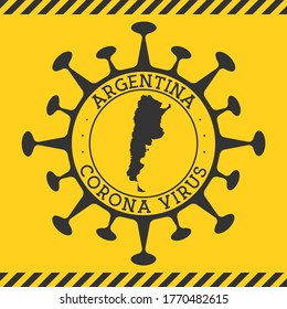 Coronavirus in Argentina sign. Round badge with shape of virus and Argentina map. Yellow country epidemic lockdown stamp. Vector illustration.