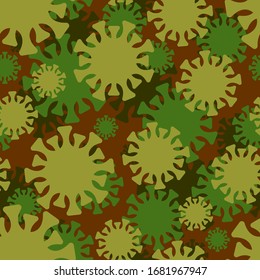El modelo del ejército de Coronavirus es transparente. Antecedentes de virus militares. Enfermedad epidémica global 2019-nCoV Virus de ornamento protector. Concepto pandémico textura verde soldado y cazador