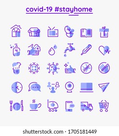 Coronavirus around the world. COVID-19. Icon set #STAYHOME with remote working, food delivery and prevention measures icons