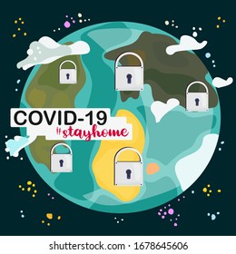 Coronavirus around the world, locked borders, dangerous situation, stay home under quarantine,vector hand drawn poster showing earth with virus problem