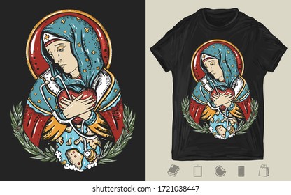 El arte del Coronavirus. La Doctor Virgen María reza por la adición de la epidemia.COVID-19. Imagen creativa para ropa oscura.Diseño de camisetas. Plantilla para carteles, textiles y prendas de vestir