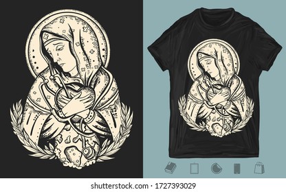 Arte de Coronavirus. La Doctora Virgin Mary reza por la adición de la epidemia. Una impresión creativa a color para la ropa oscura. Diseño de camisetas. Plantilla para carteles, textiles, prendas de vestir