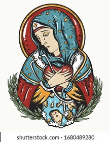 Arte de Coronavirus. Tatuaje de la vieja escuela.Detengan la epidemia. La doctora Virgin Mary reza por la adición de la epidemia. Quédate en casa. Estilo de pintar iconos. Gracias a los médicos del mundo