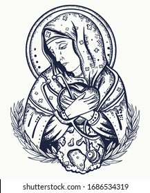 Arte de Coronavirus. Tatuaje de la vieja escuela.Detengan la epidemia. La doctora Virgin Mary reza por la adición de la epidemia. COVID-19. Gracias a los médicos del mundo. Quédate en casa. Estilo de pintura de iconos