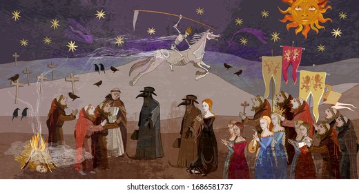 Coronavirus Art. Terrible Doctors. Plague Epidemic. Horseman Of Death On Horse. Middle Ages Parchment Style. World Pestilence. Ancient Book Illustration. Medieval Scene 