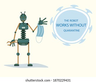 Coronavirus, inteligencia artificial en un robot. El robot no está enfermo. Detección inteligente de virus corona de alta tecnología. Sustituir a un humano por un robot. Trabajos de renovación. Ilustración vectorial de la infografía