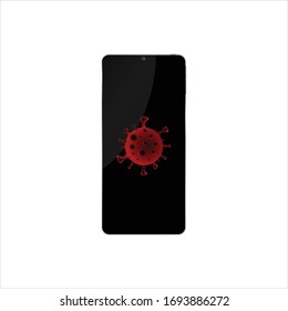 Coronavirus is attached to a smartphone by touching it. Vector illustration.