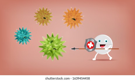 Coronavirus attack. Strong, Funny, Cute Tablet Guardian With Silver Shield And Sharp Spear Battles Against Virus, Microorganism, Bacteria. Health, Effective Medicine, Medical Antibiotic Concept. EPS10
