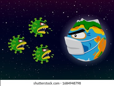 Coronavirus attacks Earth illustration. Covid-19 global world fight. Blue planet in mask and danger virus attack