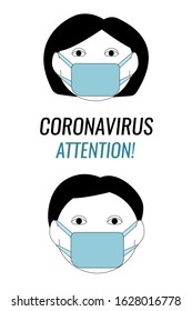 Coronavirus attention banner, medical vector illustration. Man and woman holding respirator masks to protect from a rapidly speading pathogen. banner for public places, cards, etc.