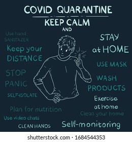 Coronavirus attention illustration, how to do on quarantine pandemic covid-19, rules of life and good ideas. 
How to stay healthy - handwritten vector text.