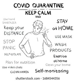 Coronavirus attention illustration, how to do on quarantine pandemic covid-19, rules of life and good ideas. 
How to stay healthy - handwritten vector text.