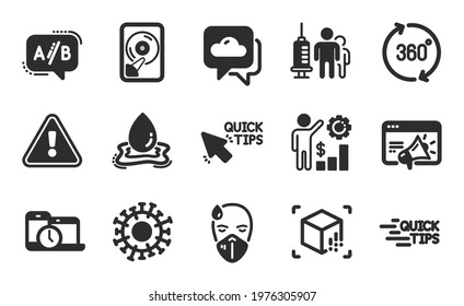 Coronavirus, Augmented reality and Medical vaccination icons simple set. 360 degrees, Quick tips and Hdd signs. Seo marketing, Employees wealth and Sick man symbols. Flat icons set. Vector