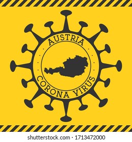 Coronavirus in Austria sign. Round badge with the shape of the virus and Austria map. Yellow epidemic lockdown stamp. Vector illustration.