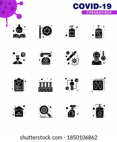 Coronavirus Awareness icon 16 Solid Glyph Black icons. icon included doctor on call; consultation; hand sanitizer; ask a doctor; hand viral coronavirus 2019-nov disease Vector Design Elements