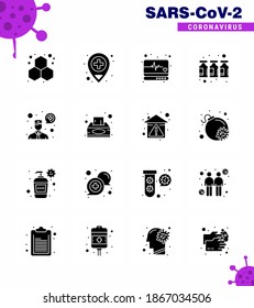 Icono de Conciencia del Coronavirus 16 iconos de Sólido Glifo Negro. icono incluido la comunicación; pedir a un médico; médico; vacuna; Enfermedad de coronavirus viral 2019-nov Elementos de diseño de vectores