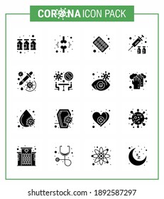 Coronavirus Awareness icon 16 Solid Glyph Black icons. icon included drug; virus vaccine; patient; protection; medicine viral coronavirus 2019-nov disease Vector Design Elements