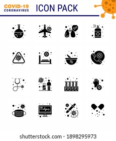 Coronavirus Awareness icon 16 Solid Glyph Black icons. icon included alert; handcare; airoplan; hand; spray viral coronavirus 2019-nov disease Vector Design Elements