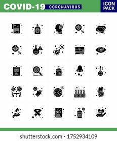 Icono de Conciencia sobre el Coronavirus 25 iconos de Glifo sólido. icono de búsqueda incluida; gérmenes; frío; encontrar; coronavirus viral cerebral Enfermedad de 2019-nov Elementos de diseño de vectores