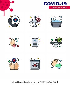 Coronavirus Awareness icon 9 Filled Line Flat Color icons. icon included patient chart; water drop; basin; wash; hand viral coronavirus 2019-nov disease Vector Design Elements